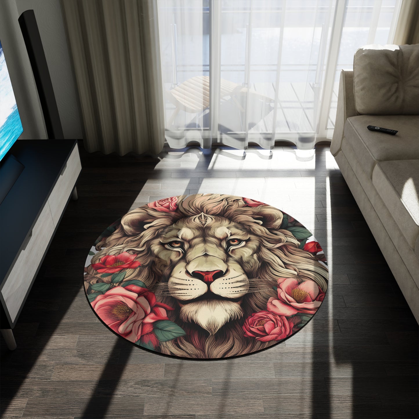 Floral Lioness Round Rug —Decorative Floor Mat