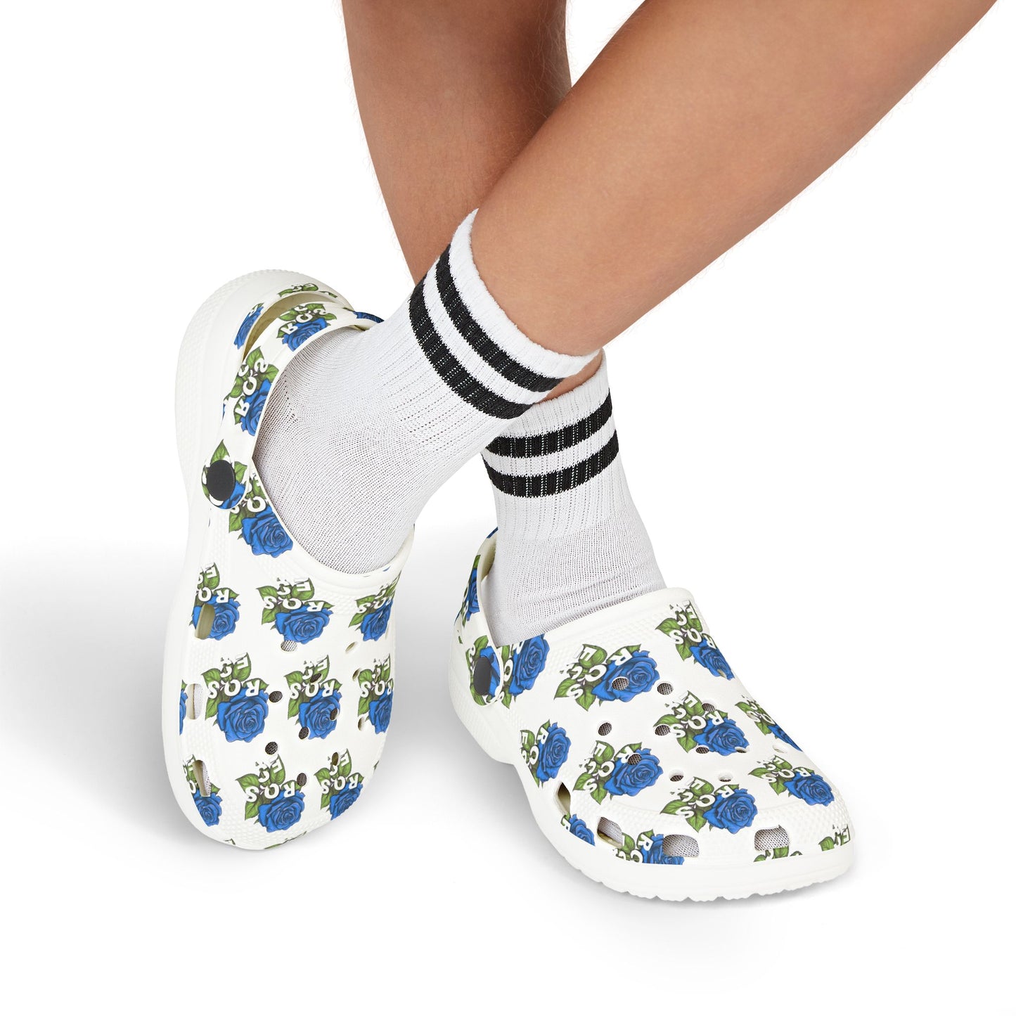 White Blue Roses Kid's  Clogs