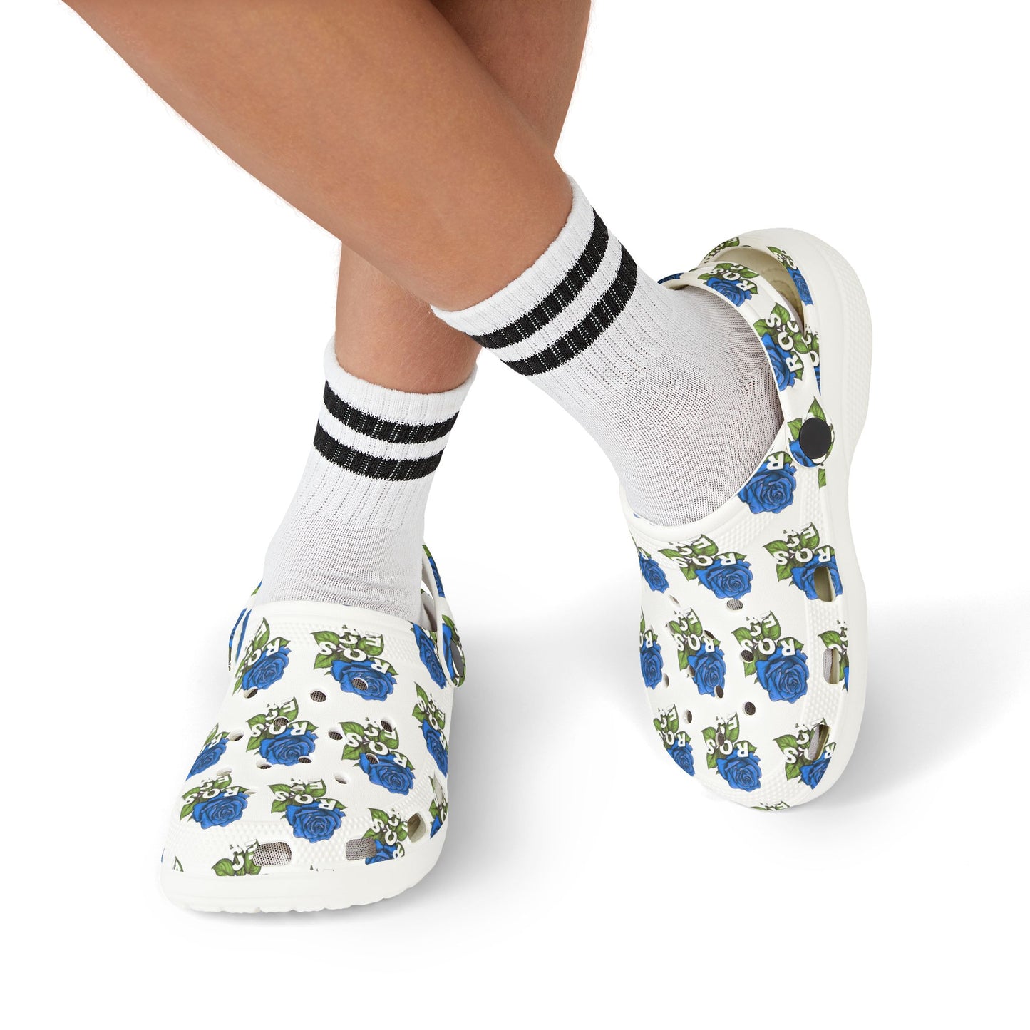White Blue Roses Kid's  Clogs