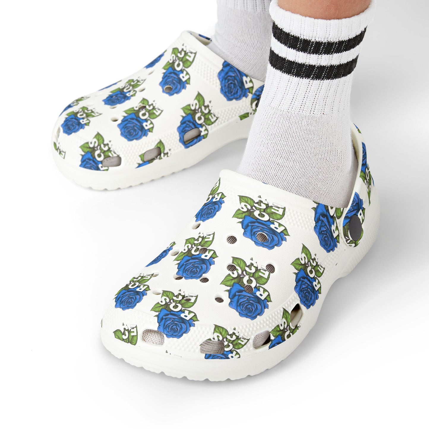 White Blue Roses Kid's  Clogs